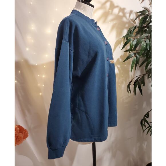 Vtg Morning Sun Bird Button Sweatshirt Womens Size L Granny Blue Pockets Cabin - Picture 5 of 10